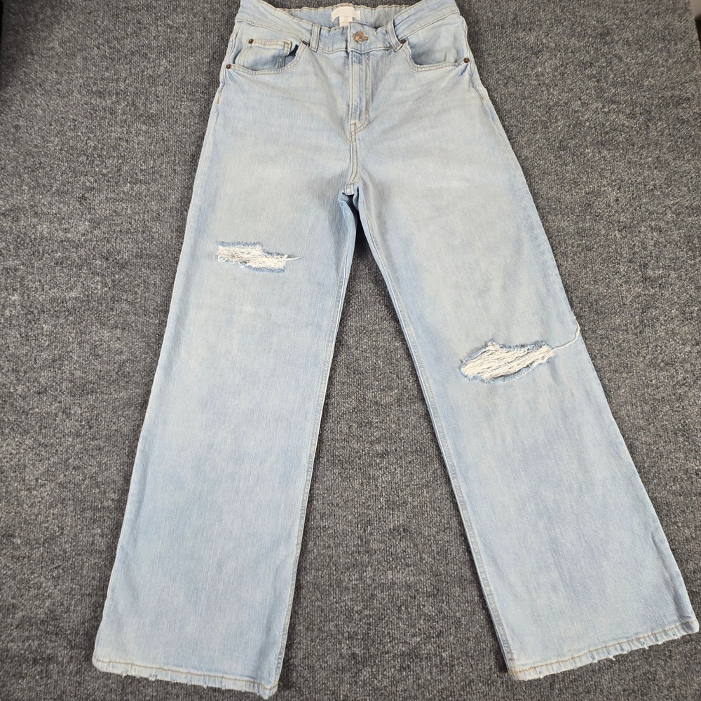 H&M Wide Leg Jeans Women Size 12 Light Blue High Waist Frayed Hem Y2K BOHO - Picture 3 of 13